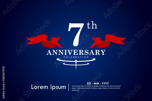 7th years anniversary celebration emblem. congratulations elegant anniversary logo isolated with red ribbon on dark blue background. vector illustration template design for web banner