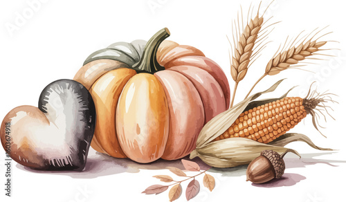 Watercolor Autumn Harvest Still Life Pumpkin, Indian Corn, Wheat, Acorn and Heart Stone