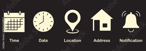 Address time date icons set. Phone and notification bell icons. Location and contact icons. Stopwatch timer icon. Date Calendar icon. Simple flat vector illustrations collection for web