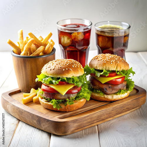 Fast Food Combo, Realistic Food Photography, Assorted Fast Food Meal, Classic Fast Food Combo - Cheeseburger, Fries, Fried Chicken & Cola