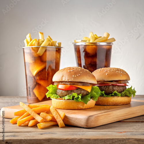 Fast Food Combo, Realistic Food Photography, Assorted Fast Food Meal, Classic Fast Food Combo - Cheeseburger, Fries, Fried Chicken & Cola