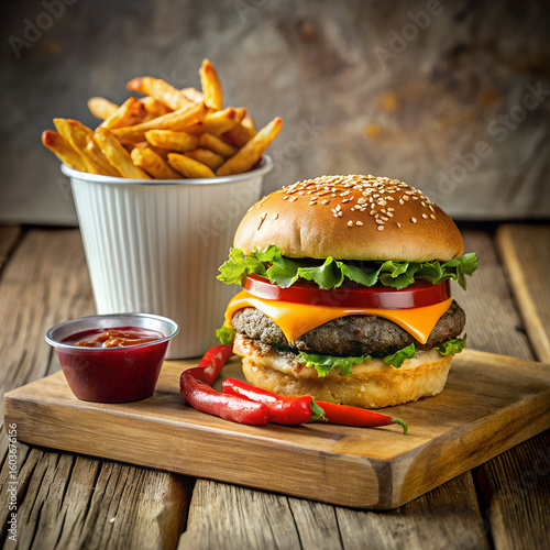Fast Food Combo, Realistic Food Photography, Assorted Fast Food Meal, Classic Fast Food Combo - Cheeseburger, Fries, Fried Chicken & Cola
