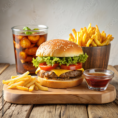 Fast Food Combo, Realistic Food Photography, Assorted Fast Food Meal, Classic Fast Food Combo - Cheeseburger, Fries, Fried Chicken & Cola