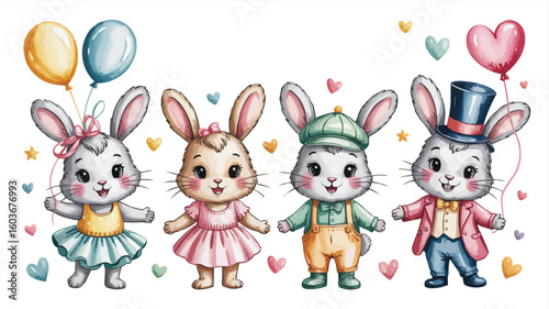 Watercolor Cartoon Bunnies Dressed Up with Balloons, Hats, Dresses, Overalls and Hearts Decorations