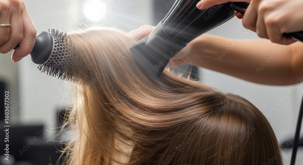 Fototapeta premium A professional hairstylist blow-dries a client's long, healthy brown hair using a round brush to create volume and shine in a salon.