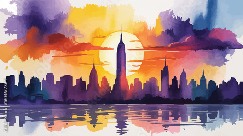 Watercolor Cityscape at Sunset Violet and Orange Skyline Reflections Over Calm Water Surface