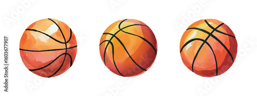 Three Watercolor Basketballs Isolated on White Background Perfect for Sports Themed Designs and Illustrations for Children and Adults Alike
