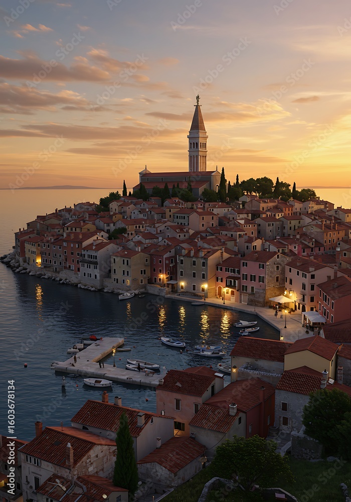 Fototapeta premium 夕暮れの島町、静かな輝き