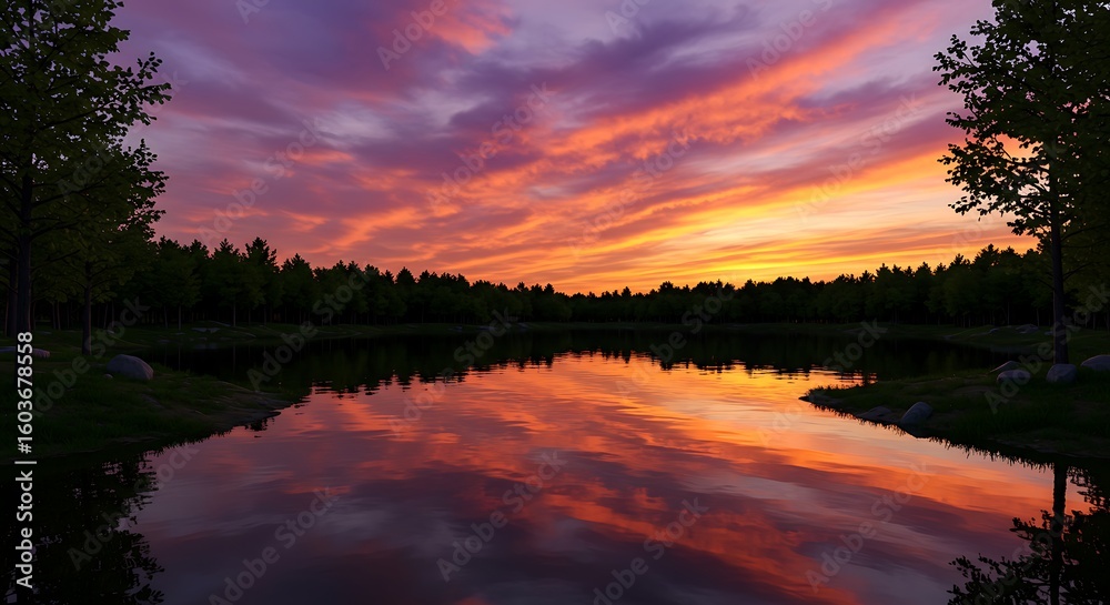 Obraz premium 燃えるような夕焼けと静寂の湖面