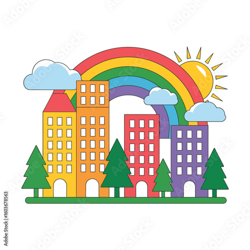 Colorful Cityscape with Rainbow and Sun Shining Vector Illustration of Urban Scene and Happy Environment