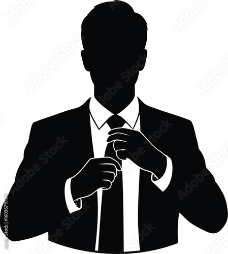 Vector art of silhouette illustration of a businessman adjusting his tie symbolizing professionalism and success a clean
