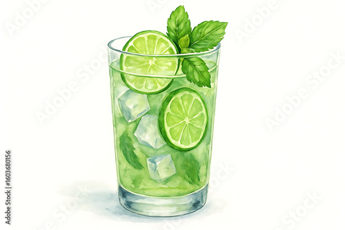 A watercolor illustration of a fresh mojito cocktail with lime and mint, isolated on white.