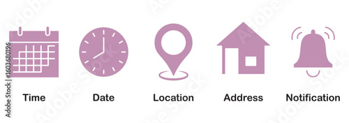 Address time date icons set. Phone and notification bell icons. Location and contact icons. Stopwatch timer icon. Date Calendar icon. Simple flat vector illustrations collection for web