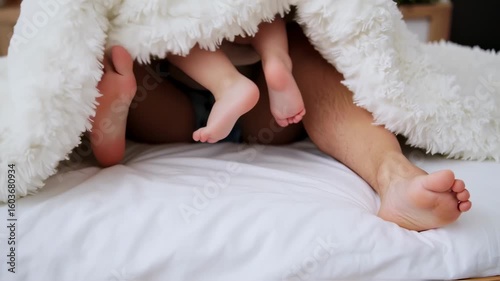 Cozy Family Morning: Feet Peek from Under Blanket