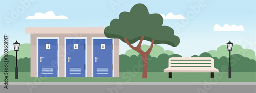 City park toilet. Public facilities. Unisex toilet. Public water closet. Moveable restroom. Park bench. 