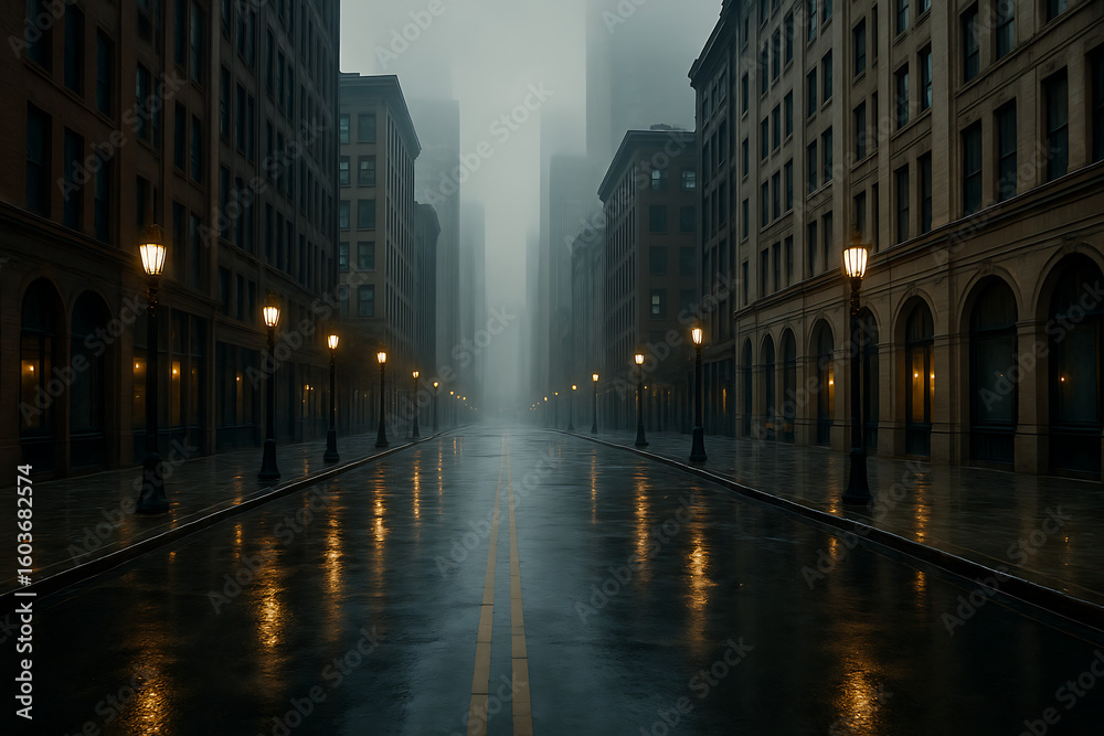 Fototapeta premium An empty city street on a foggy and rainy night with glowing street lamps.