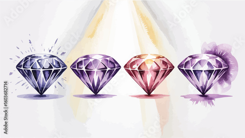 Watercolor Illustration of Four Faceted Gemstones Purple, Violet, and Orange Diamonds on White Background