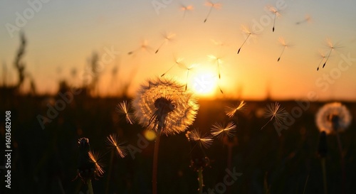 A silhouetted dandelion releases its seeds into the breeze against a warm, glowing sunset.