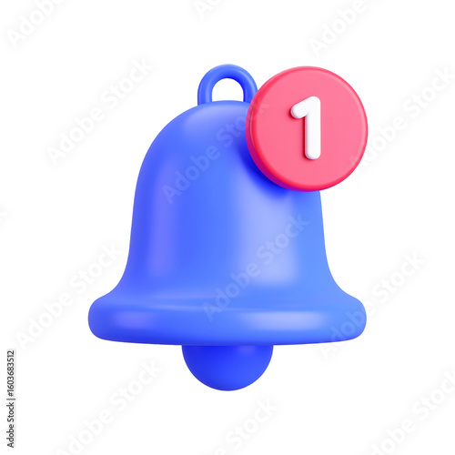 Blue notification bell with one unread message on transparent background