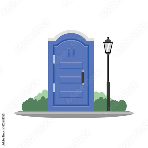 Toilet portable object. Public toilet. Porta potty. Toilet park. Restroom door.