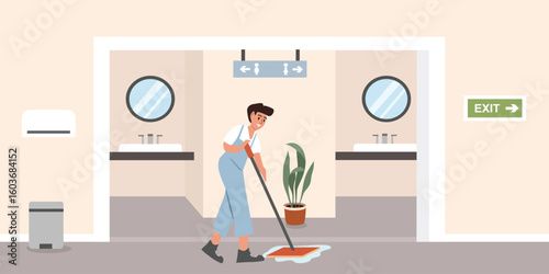 Cleaning service character illustration. Cleaning service mopping floor. Toilet room. Office toilet. Washbasin toilet. 
