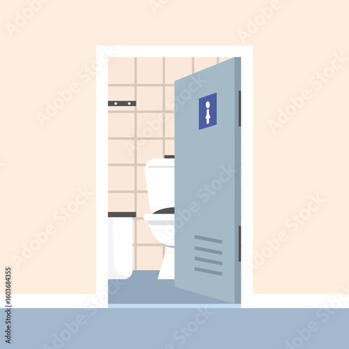 Toilet room. Toilet door. Public facilities. Public restroom. Water closet. Woman restroom. Open door toilet.
