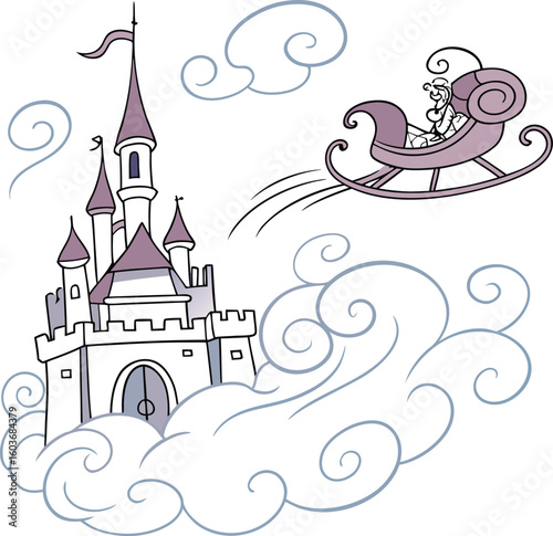 Castle in The Sky: A whimsical scene depicts a charming castle nestled among fluffy clouds, with a fanciful sleigh ride through the celestial expanse, evoking a sense of wonder and imagination.