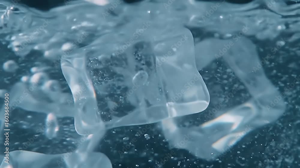 Close Up Shot Of Ice Cubes Plunging Into Clear Water in a Glass Creating Bubbles Close Up Shot Of Ice Cubes Plunging Into Clear Water in a Glass Creating Bubbles