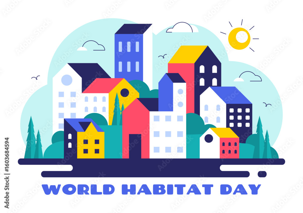 Fototapeta premium World Habitat Day Vector Illustration Featuring a Clean City, Natural Trees, and Urban Areas Representing Adequate Housing in a Flat Background