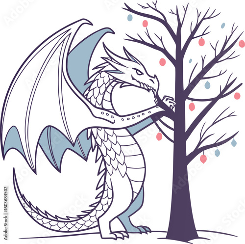 Winter Dragon's Embrace: A majestic dragon, its wings spread wide, tenderly caresses a winter tree adorned with festive ornaments, capturing a whimsical holiday essence.
