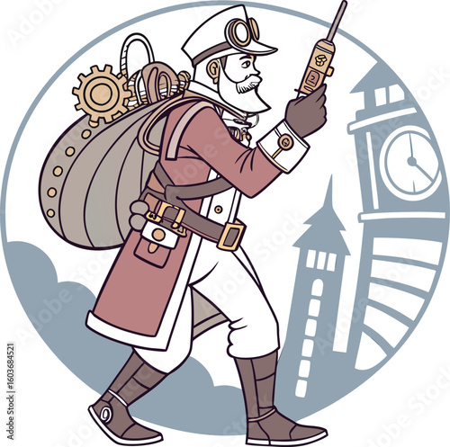 Steampunk Adventurer: A vintage illustration of a steampunk adventurer navigating a cityscape, his goggles perched, radio in hand and gear on his back. 