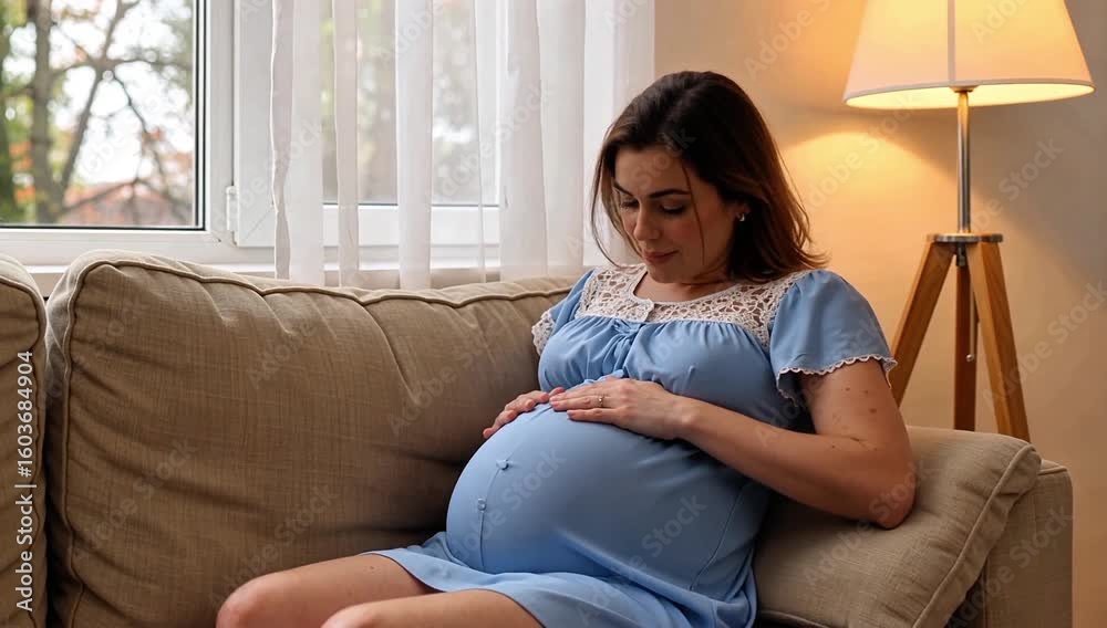 Pregnant woman tenderly holds belly, anticipating new life with gentle smile Pregnant woman tenderly holds belly, anticipating new life with gentle smile