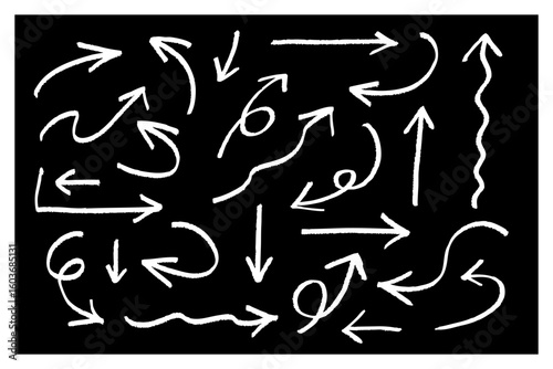 黒背景・白線の手書き風矢印セット｜反転カラーバリエーションの方向アイコン素材