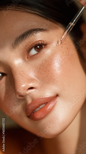 Perfect for beauty, skincare, and cosmetics promotions, showcasing high-quality and natural beauty concept. Elegant portrait of an Asian woman with glowing skin and natural make-up. 