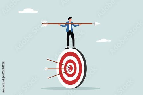 A smart businessman balances and controls a rotating archery target with arrows hitting the target.