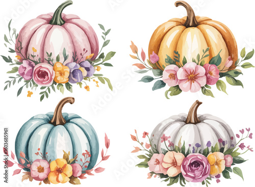 Watercolor Pumpkins Clipart Set Autumn Floral Pumpkins Illustration for Thanksgiving and HarvestThemed Design Projects