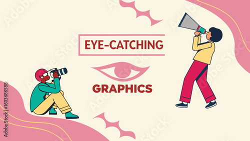 Creative team designs eye catching graphics with camera and megaphone