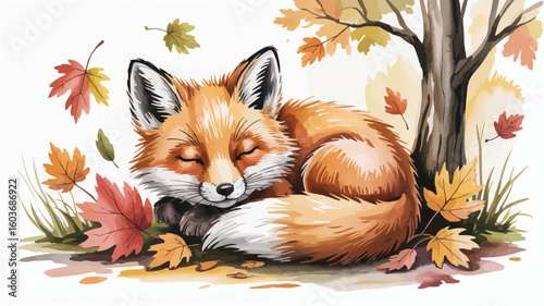 Watercolor Sleeping Fox Portrait with Autumn Leaves Under a Tree Illustration