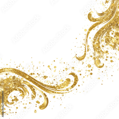 Gold paisley swirls on black background with glitter