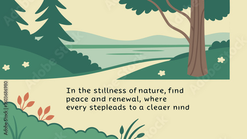 Tranquil nature scene with inspirational quote about peace and renewal
