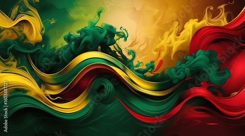abstract background smoke curves and wave reggae colors green, yellow, red colored in flag of reggae music