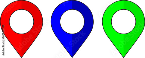 A set of location icons. Vector illustration of three location pin icons in red, blue, and green. Ideal for GPS, navigation, maps, travel apps, or geolocation services.