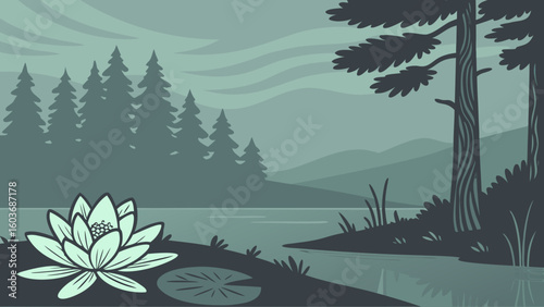 Tranquil lakeside scene with water lily and pine forest