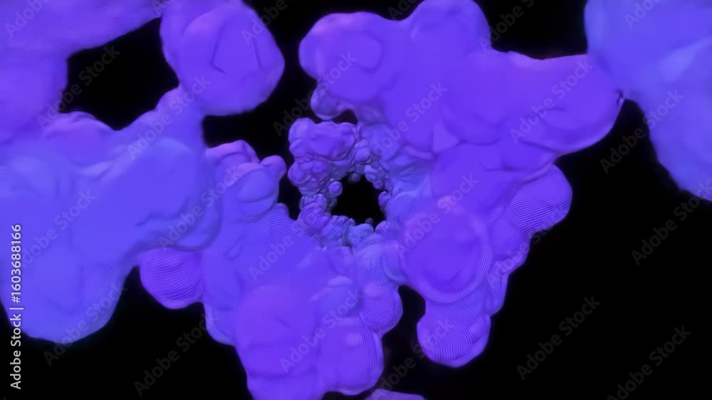 Dynamic purple abstract forms floating on black backdrop, concept for background visuals, motion graphics and futuristic presentations