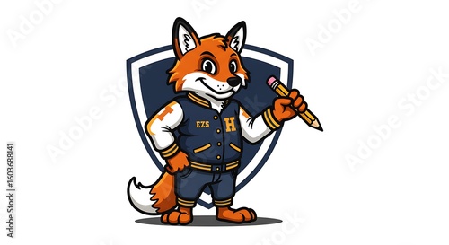 Fox Mascot Holding Pencil, School Logo Design.