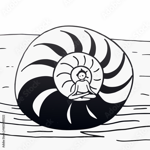 Meditating Figure Inside a Spiral Snail Shell on a Sandy Surface at Twilight