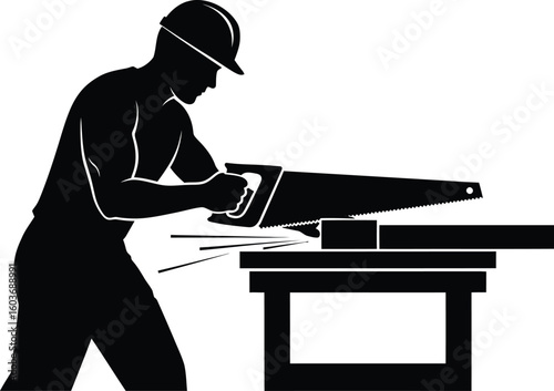 Vector art of a construction worker sawing wood in a black silhouette vector illustration a showcasing carpentry work