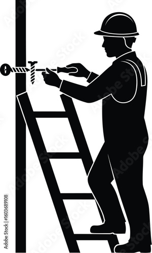 Vector art of silhouette of a construction worker a ladder illustrating maintenance and construction