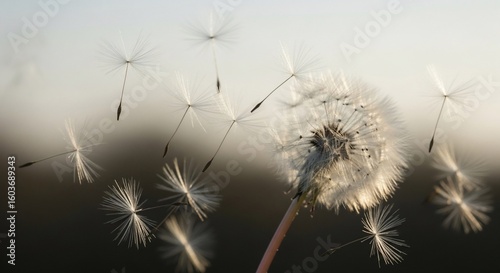 Feathery dandelion seeds disperse from a seed head, floating gently through the air against a soft background.