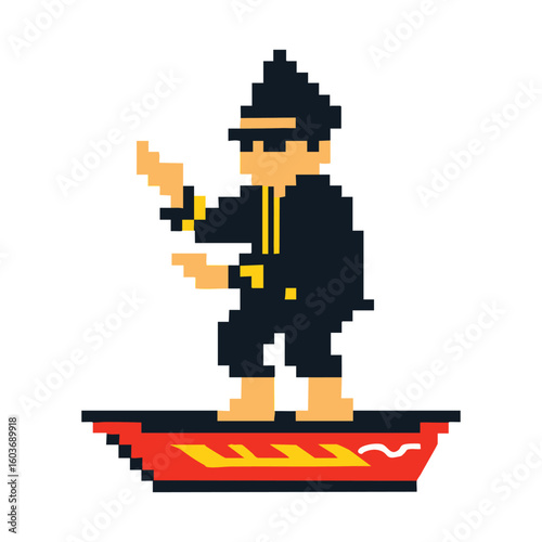 Pixelated figure in traditional attire performing a martial arts stance on a decorative platform.
